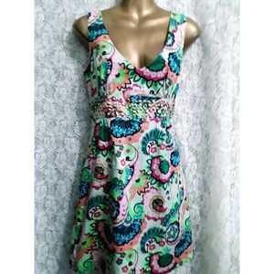 Marciano Sz M Vintage Gold Stud Floral V Neck Empire Waist Dress